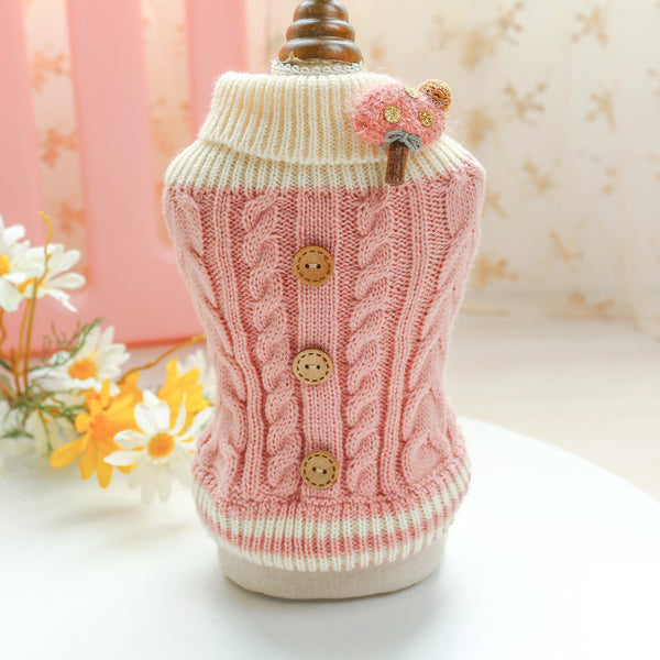 HKM-9779389 Warm Twisted Button Sweater for Dogs and Cats in Pink, Turmeric, and Blue