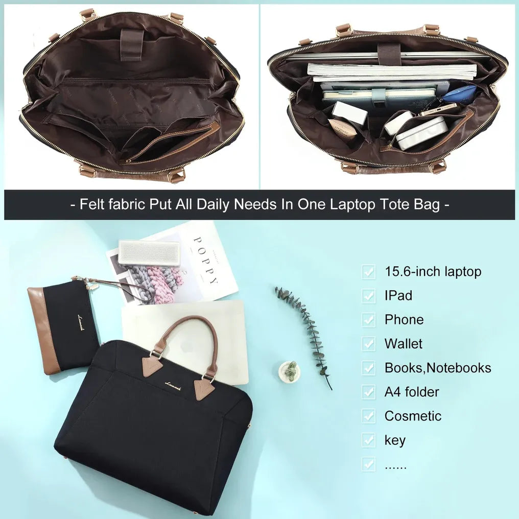 HKM-977939 Waterproof Canvas Computer Briefcase for Women, 15.6 Inch Laptop Tote with Crossbody Style, Travel Handbag