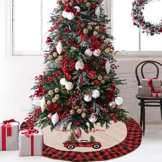 HKM-978003 Plaid Christmas Tree Skirt - Imitation Linen Fabric for Festive Decor