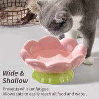 HKM-9781565 Shallow Wide Ceramic Cat Bowl, Anti-Vomiting & Whisker Fatigue Design, Non-Slip Tilted Flower Bowl for Cats, Pink