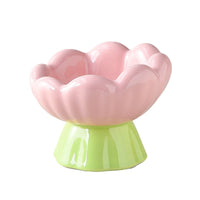 HKM-9781565 Shallow Wide Ceramic Cat Bowl, Anti-Vomiting & Whisker Fatigue Design, Non-Slip Tilted Flower Bowl for Cats, Pink