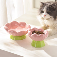 HKM-9781565 Shallow Wide Ceramic Cat Bowl, Anti-Vomiting & Whisker Fatigue Design, Non-Slip Tilted Flower Bowl for Cats, Pink