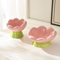 HKM-9781565 Shallow Wide Ceramic Cat Bowl, Anti-Vomiting & Whisker Fatigue Design, Non-Slip Tilted Flower Bowl for Cats, Pink