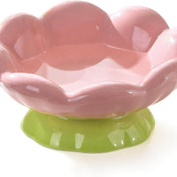 HKM-9781565 Shallow Wide Ceramic Cat Bowl, Anti-Vomiting & Whisker Fatigue Design, Non-Slip Tilted Flower Bowl for Cats, Pink