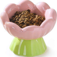 HKM-9781565 Shallow Wide Ceramic Cat Bowl, Anti-Vomiting & Whisker Fatigue Design, Non-Slip Tilted Flower Bowl for Cats, Pink