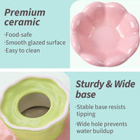 HKM-9781565 Shallow Wide Ceramic Cat Bowl, Anti-Vomiting & Whisker Fatigue Design, Non-Slip Tilted Flower Bowl for Cats, Pink