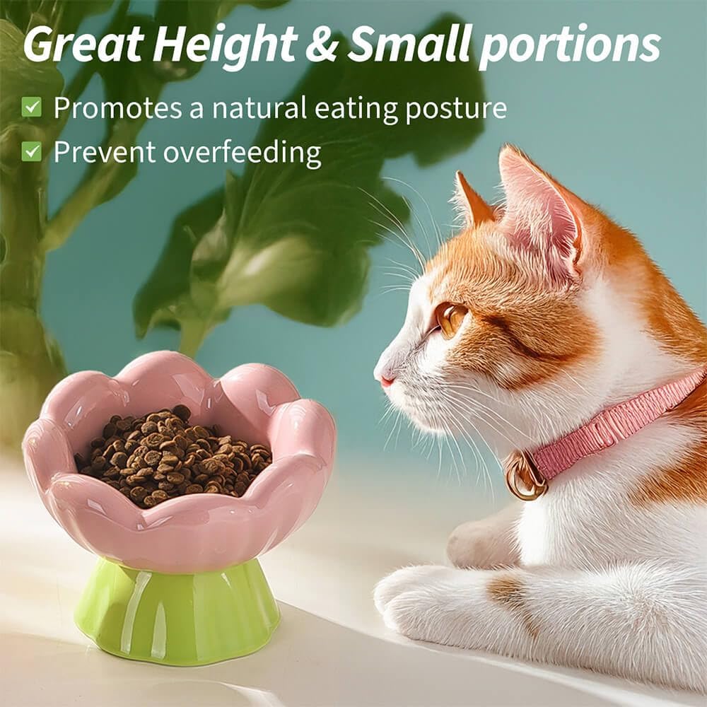 HKM-9781565 Shallow Wide Ceramic Cat Bowl, Anti-Vomiting & Whisker Fatigue Design, Non-Slip Tilted Flower Bowl for Cats, Pink