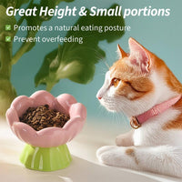 HKM-9781565 Shallow Wide Ceramic Cat Bowl, Anti-Vomiting & Whisker Fatigue Design, Non-Slip Tilted Flower Bowl for Cats, Pink
