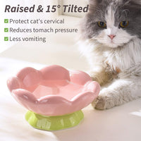 HKM-9781565 Shallow Wide Ceramic Cat Bowl, Anti-Vomiting & Whisker Fatigue Design, Non-Slip Tilted Flower Bowl for Cats, Pink