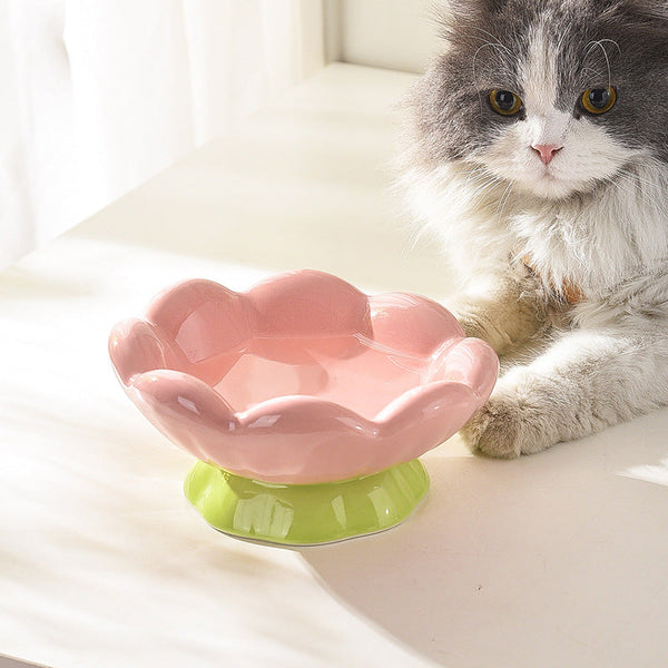 HKM-9781565 Shallow Wide Ceramic Cat Bowl, Anti-Vomiting & Whisker Fatigue Design, Non-Slip Tilted Flower Bowl for Cats, Pink
