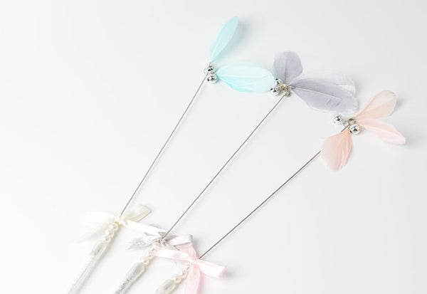 HKM-9782205 Feather Bell Fairy Pen - Colorful Cat Stick in Korean Powder, Gray, Lake Blue