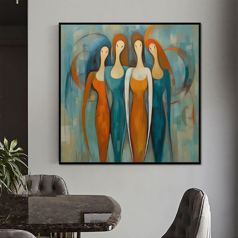 HKM-978323 Handmade Oil Painting on Canvas - Modern Abstract Square Portrait of Four Females for Home Decor