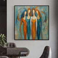 HKM-978323 Handmade Oil Painting on Canvas - Modern Abstract Square Portrait of Four Females for Home Decor