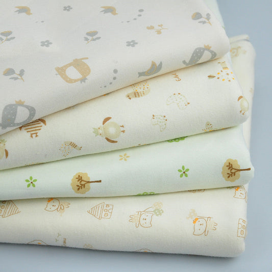 HKM-978707 Cotton Fabric with Cartoon Patterns - Natural White, Baby Elephants, Forest Scenes, Colorful Designs
