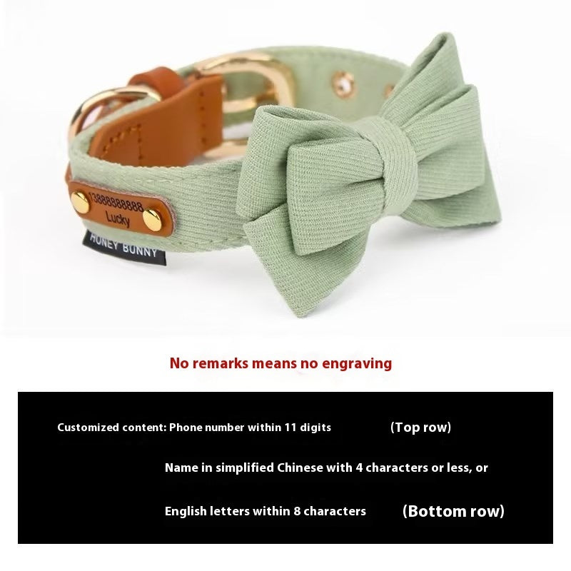 HKM-9789117 Leather Bowknot Dog Collar with Hand-Holding Rope - Twill Brushed Flannel and Cowhide Options