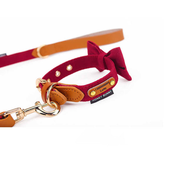 HKM-9789117 Leather Bowknot Dog Collar with Hand-Holding Rope - Twill Brushed Flannel and Cowhide Options