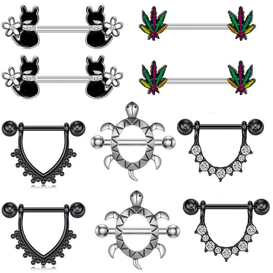 HKM-978963 Cat-Inspired Stainless Steel Nipple Ornaments with Smooth Black Leaves and Diamond Accents