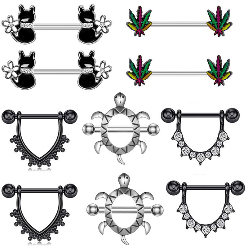 HKM-978963 Cat-Inspired Stainless Steel Nipple Ornaments with Smooth Black Leaves and Diamond Accents