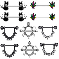 HKM-978963 Cat-Inspired Stainless Steel Nipple Ornaments with Smooth Black Leaves and Diamond Accents
