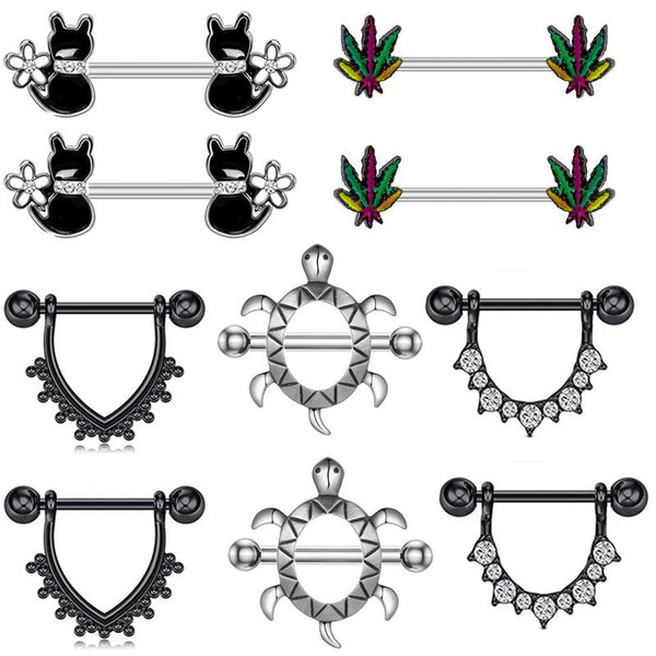 HKM-978963 Cat-Inspired Stainless Steel Nipple Ornaments with Smooth Black Leaves and Diamond Accents
