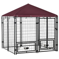 HKM-9790781 PawHut Outdoor Kennel with Swivel Bowl Rack, Walk-in Pet Playpen, Welded Wire Steel, Waterproof Awning, 5' x 5' x 5'