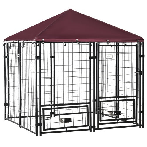 HKM-9790781 PawHut Outdoor Kennel with Swivel Bowl Rack, Walk-in Pet Playpen, Welded Wire Steel, Waterproof Awning, 5' x 5' x 5'