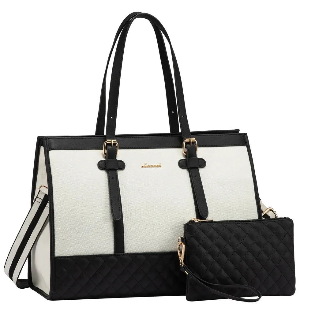 HKM-979091 Fashionable Canvas and PU Leather Laptop Tote for Women - Large Capacity Business Handbag, Fits 15.6 Inch Laptops