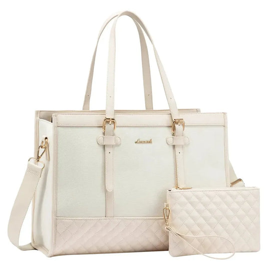 HKM-979091 Fashionable Canvas and PU Leather Laptop Tote for Women - Large Capacity Business Handbag, Fits 15.6 Inch Laptops