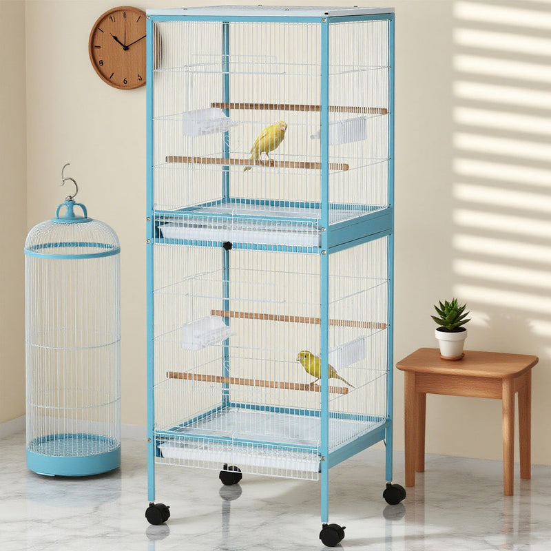 HKM-979475 55-Inch Light Blue 2-in-1 Bird Cage Aviary for Finches and Budgies with Rolling Wheels