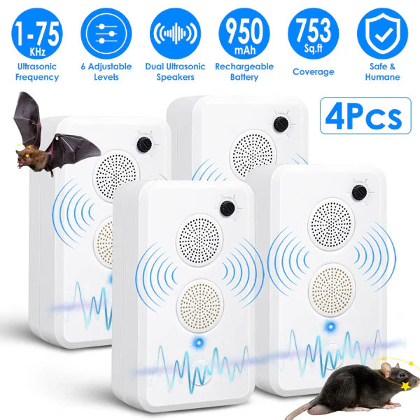 HKM-9794877 4-Pack Ultrasonic Pest Repeller with Adjustable 1-75KHz Frequency, 6 Levels, Indoor & Outdoor Use, 950mAh Rechargeable, Covers 753 Sq.ft