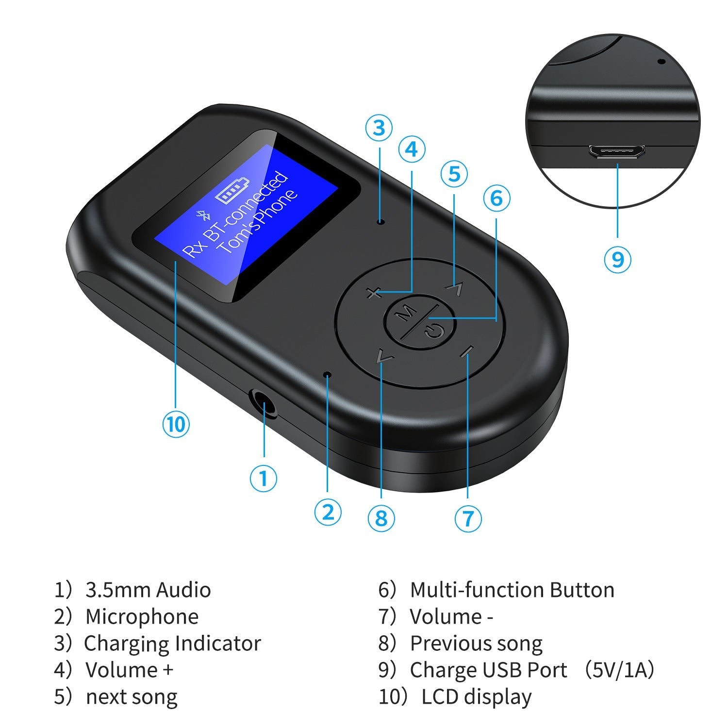 HKM-979603 Bluetooth 5.0 LCD USB Adapter with 300 mAh Battery for Wireless Audio Connection