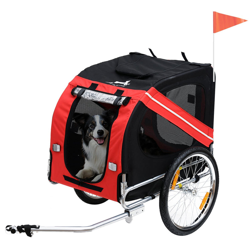 HKM-9796541 Dog Bike Trailer with Easy Folding Frame, Large Wheels, 3 Openings, Mesh Screen, for Dogs Up to 44 lbs, Red & Black