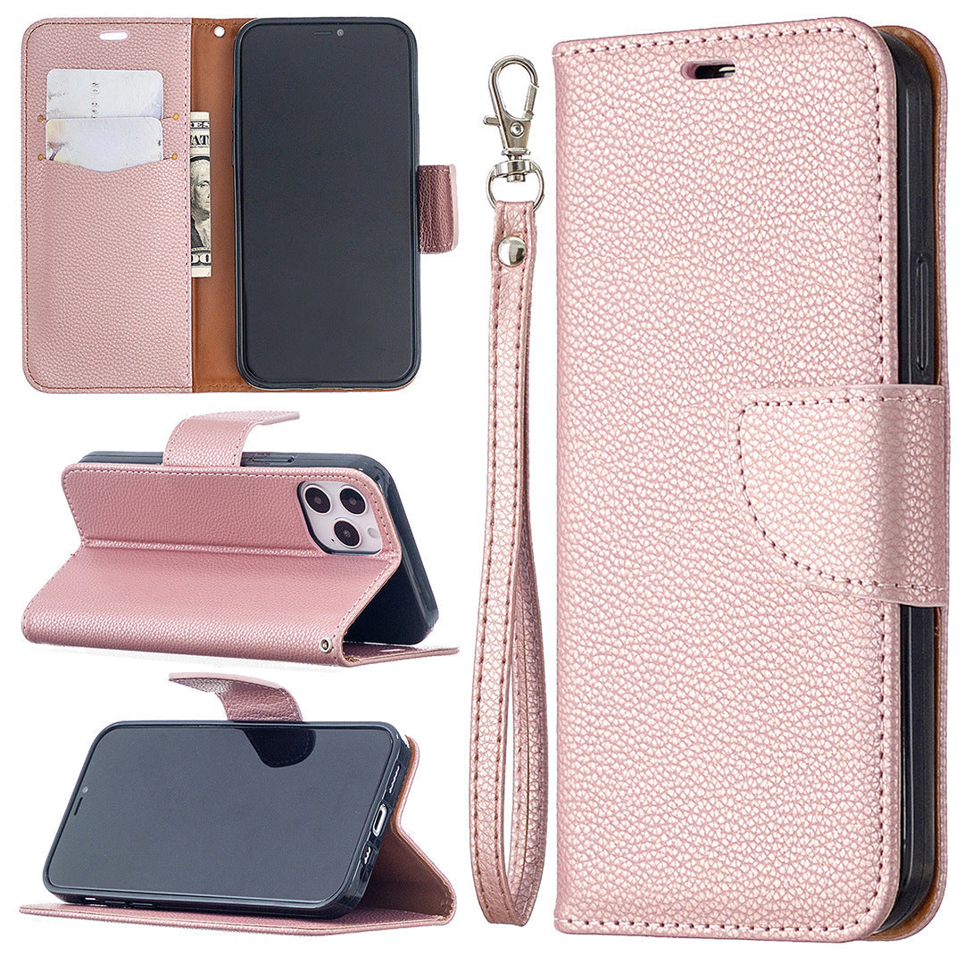 HKM-979795 Lychee Pattern Flip Leather Wallet Case for iPhone Models with Lanyard