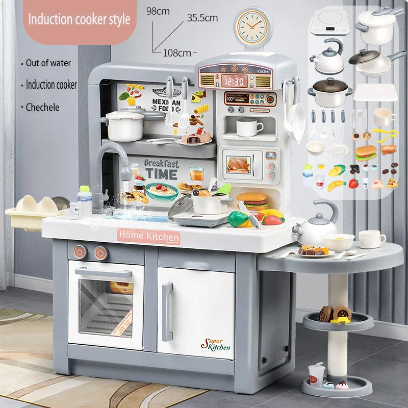 HKM-979987 Durable Plastic Pretend Play Kitchen Tableware Set with Sound, Light, and Water Features for Kids