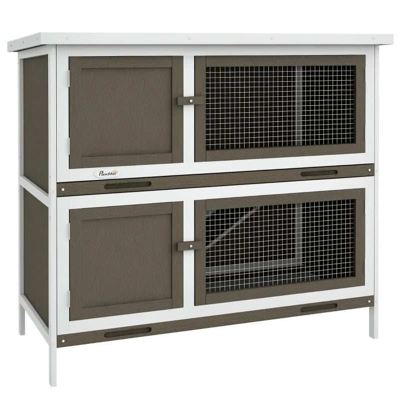 HKM-9802301 Wooden Indoor Outdoor Bunny Hutch with Ramp, Double-Level Design and Weatherproof Features