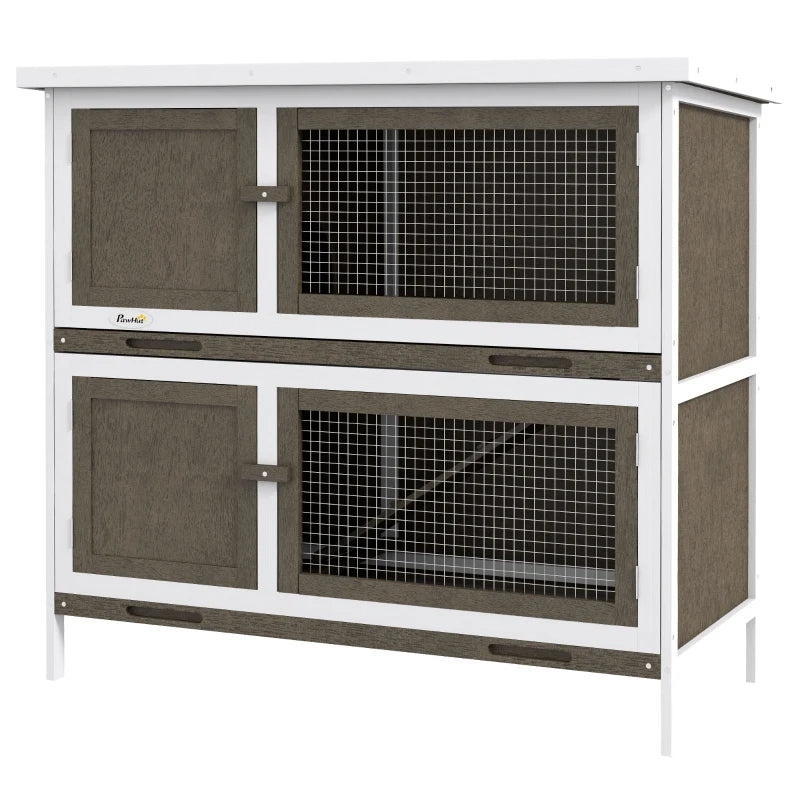 HKM-9802301 Wooden Indoor Outdoor Bunny Hutch with Ramp, Double-Level Design and Weatherproof Features