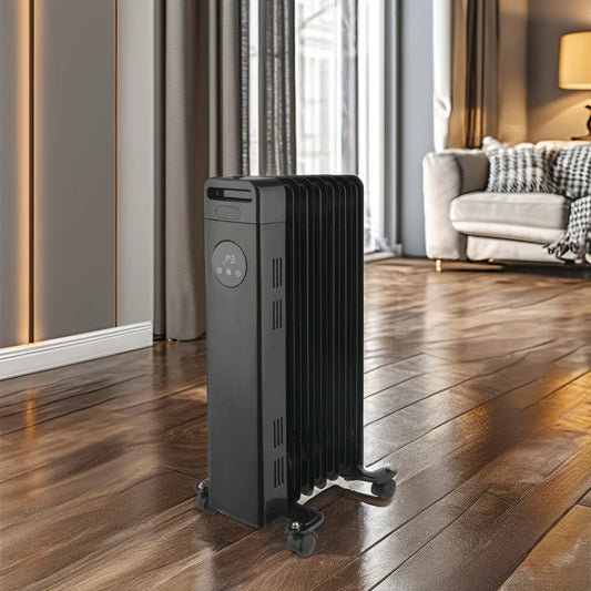 HKM-980307 Portable Oil-Filled Radiator Heater with Adjustable Thermostat and Remote Control, 1500W, for Home Use