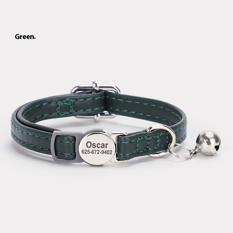 HKM-9806397 Cat Safety Engraved Leather Collar with Anti-Suffocation Design - Multiple Colors Available