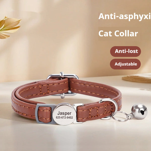 HKM-9806397 Cat Safety Engraved Leather Collar with Anti-Suffocation Design - Multiple Colors Available