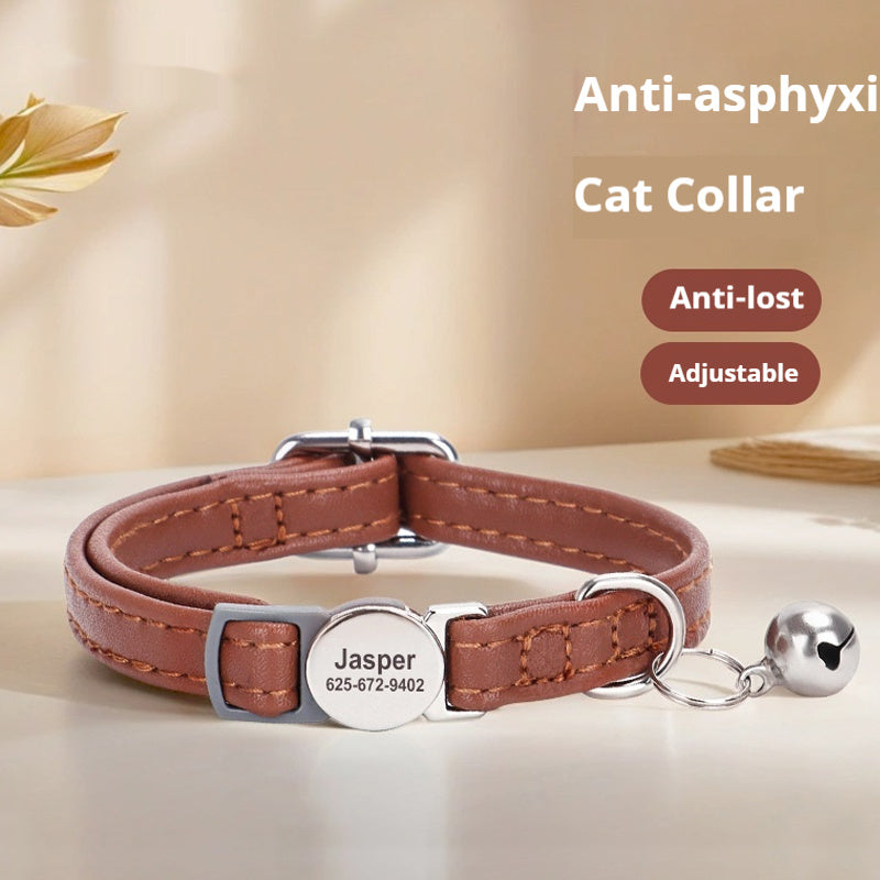HKM-9806397 Cat Safety Engraved Leather Collar with Anti-Suffocation Design - Multiple Colors Available