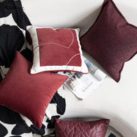 HKM-980691 Bordeaux Red Luxury Pillow Set with Embroidery and Textured Designs - 45x45cm