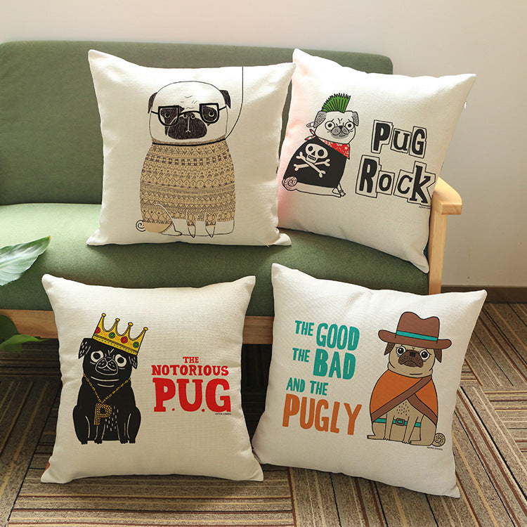 HKM-980755 Creative PUG Dog Printed Cushion Cover - Cotton Linen & Velvet, Modern Design, 45x45 cm