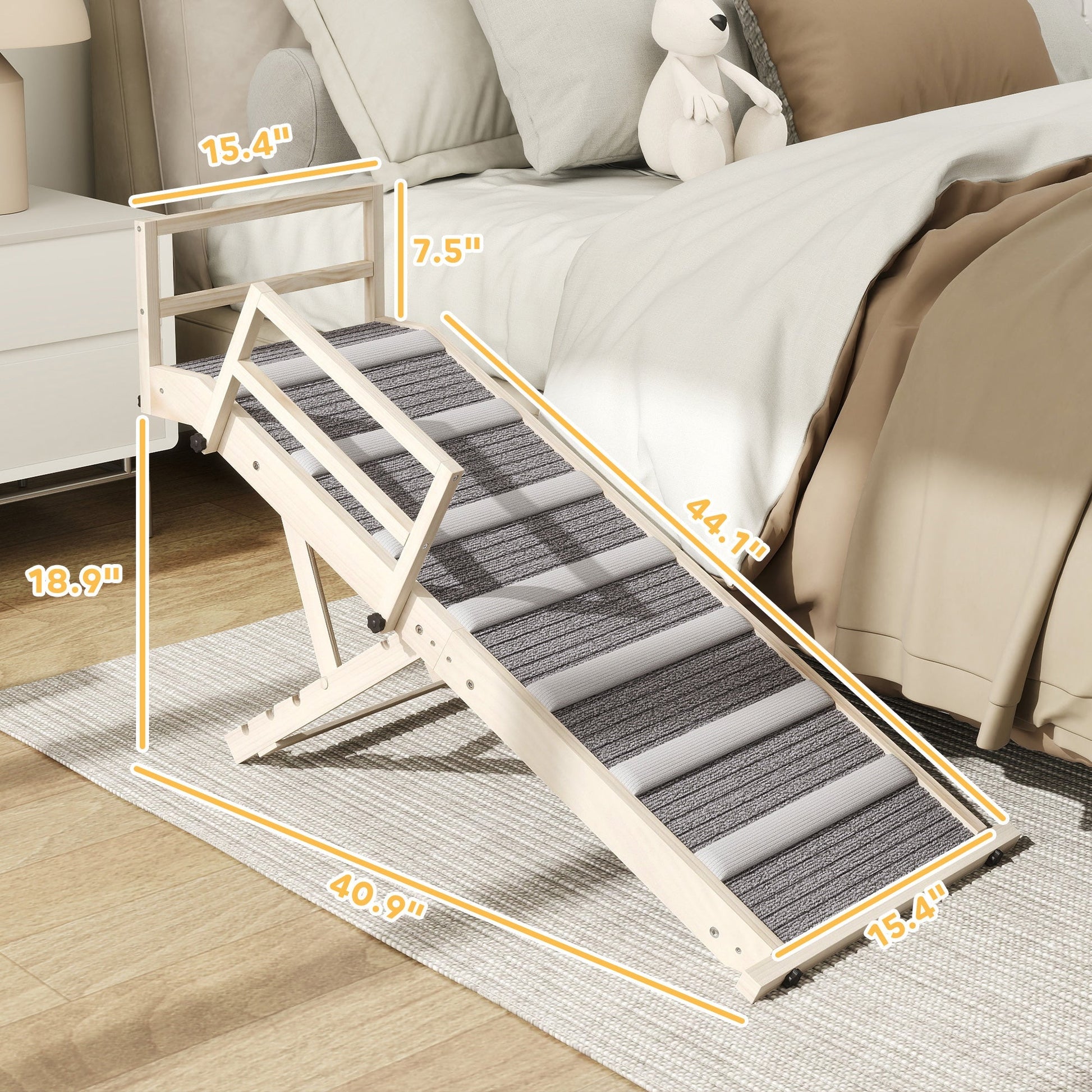HKM-9809853 Foldable Dog Ramp with Adjustable Heights, Carpeted Surface, and Safety Guardrails for Easy Access