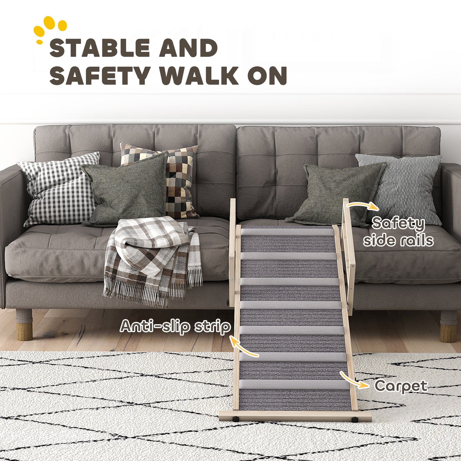 HKM-9809853 Foldable Dog Ramp with Adjustable Heights, Carpeted Surface, and Safety Guardrails for Easy Access
