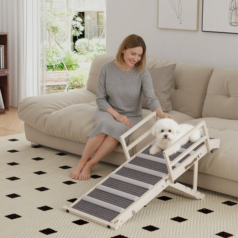 HKM-9809853 Foldable Dog Ramp with Adjustable Heights, Carpeted Surface, and Safety Guardrails for Easy Access
