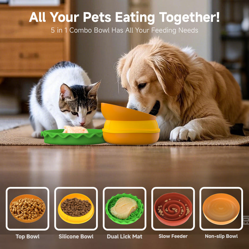 HKM-9810365 Multi-Layer Hamburger Design Pet Bowl Set for Cats and Dogs, 5-in-1 Combination