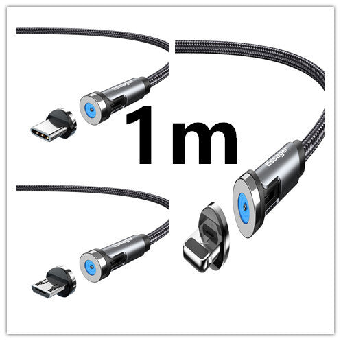 HKM-981075 Magnetic Rotating Data Cable for Android, Type-C, and iPhone - 1m/2m Length, Aluminum Alloy & Braided Wire
