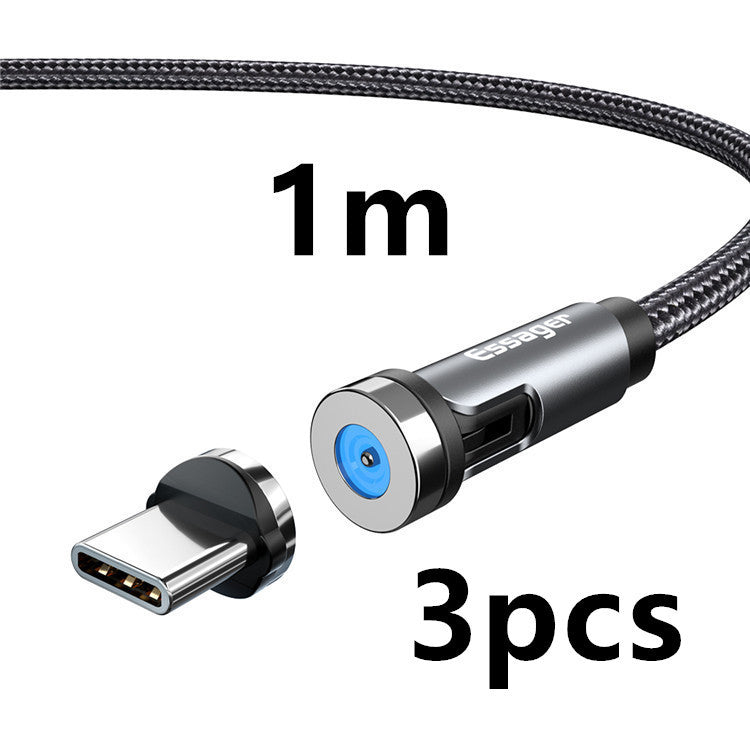 HKM-981075 Magnetic Rotating Data Cable for Android, Type-C, and iPhone - 1m/2m Length, Aluminum Alloy & Braided Wire