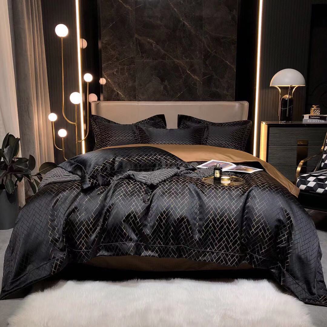 HKM-981459 Luxury Retro Black and Gold 120 Yarn-Dyed Jacquard Cotton Four-Piece Bedding Set