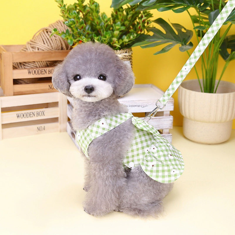HKM-9814717 Chrysanthemum Plaid Pet Traction Buckle Clothing for Spring and Summer in Light Green and Yellow
